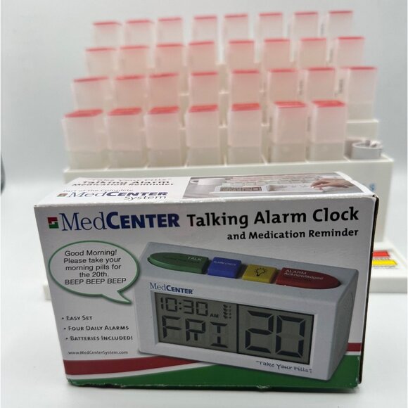 MedCenter Talking Alarm Clock 31-Day Pill Organizer Medication Reminder System A - Picture 1 of 12